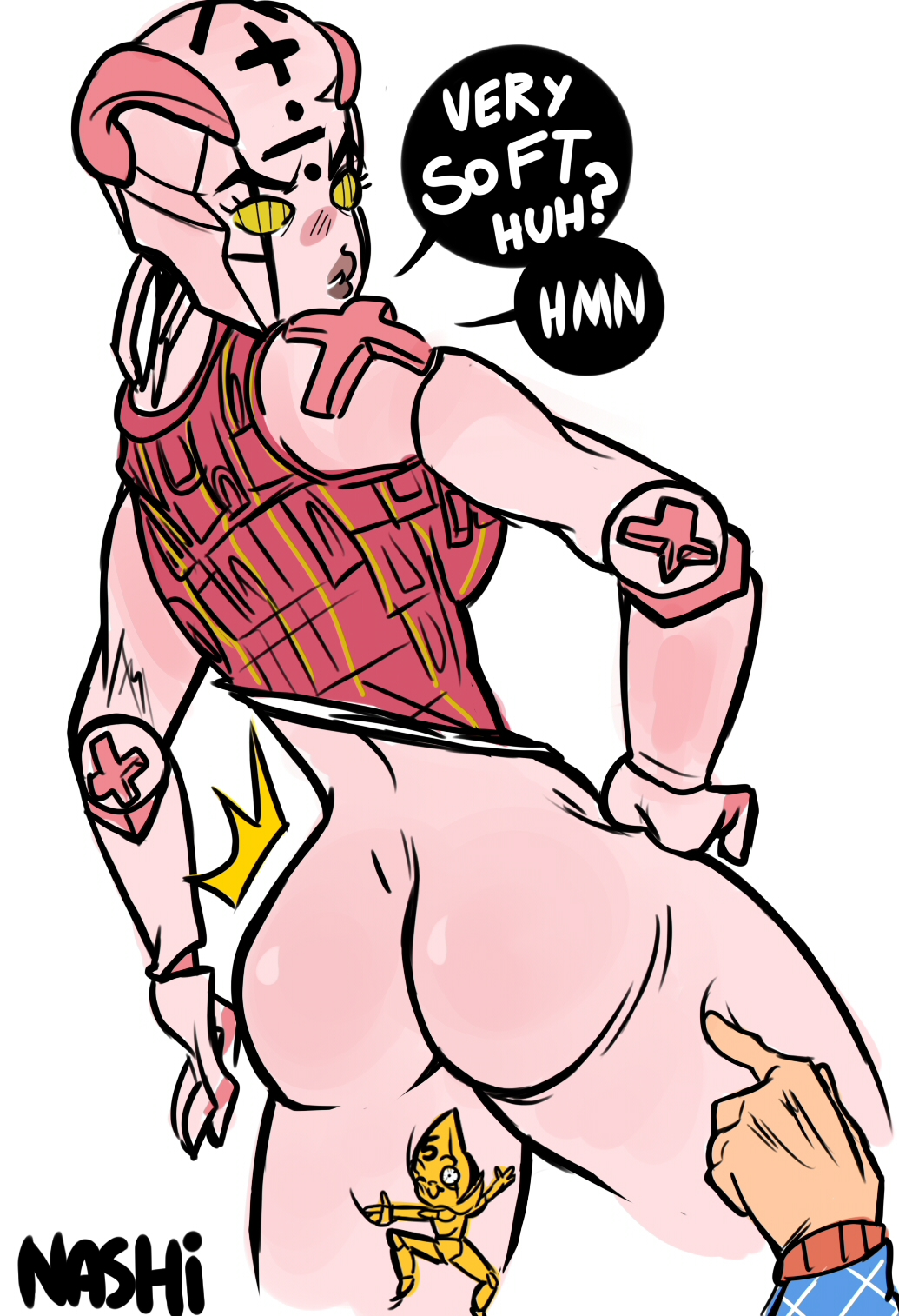 ass backboob big_ass bottomless breasts buublybutt from_behind guido_mista hand_on_hip hands huge_ass jojo's_bizarre_adventure jojo_no_kimyou_na_bouken large_ass leotard leotard_aside looking_back no_panties pink_skin poke poking skindentation spice_girl stand text thick_thighs thighs white_background wide_hips
